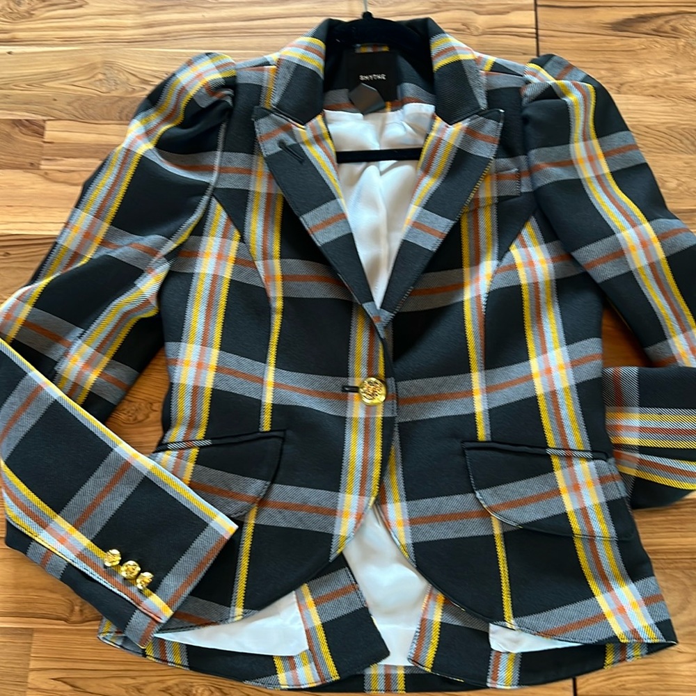 Womens Black Plaid Tailored Blazer with Yellow Accents